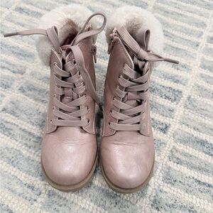 Sugar Kids Faux-Fur Lace-Up Boots in Dusty Pink